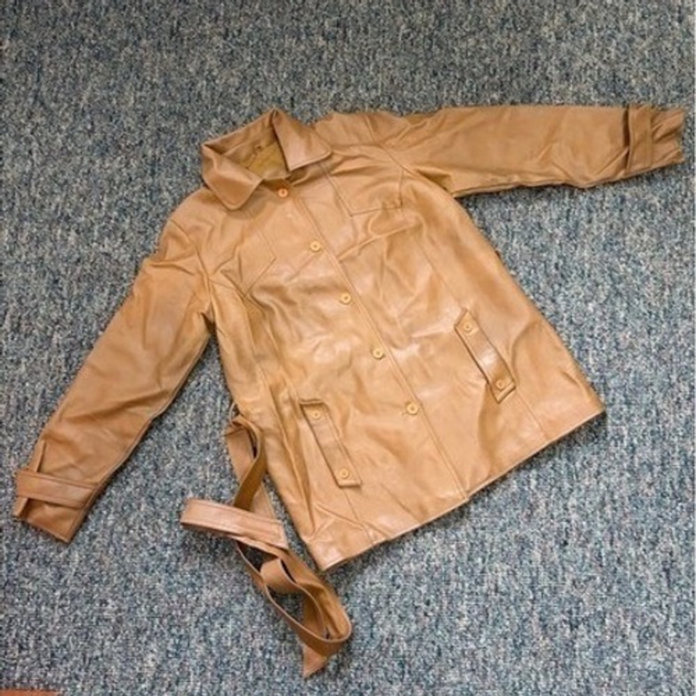 Ambassador Faux Leather Belted Trench Coat Style Jacket Women's Size L Tan‎